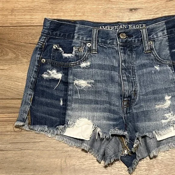 American Eagle Vintage Hi-Rise Festival Shorts SZ 6 Denim Distressed Blue Jean - Picture 2 of 10